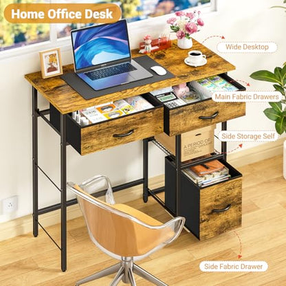 3IngSeagulls 33 Inch Small Computer Desk with Fabric Drawers, Home Office Desk with Storage Shelf, Compact Desks for Small Spaces, Teen Study Table for Bedroom, Rustic Brown