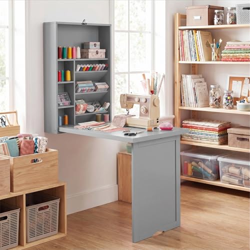 Tangkula Folding Wall Mounted Desk, Convertible Fold Out Floating Table with Storage Shelves, Space-Saving Drop Leaf Table, Murphy Desk for Craft, Study, Small Spaces, Home Office, Dorm, Grey - color: Grey