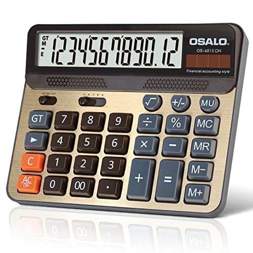 Desktop Calculator Extra Large 5-Inch LCD Display 12-Digit Big Number Accounting Calculator with Giant Response Button, Battery & Solar Powered, Perfect for Office Business Home Daily Use(OS-6815GN) | Desk Calculator Large Display for Accounting, 12-Digit