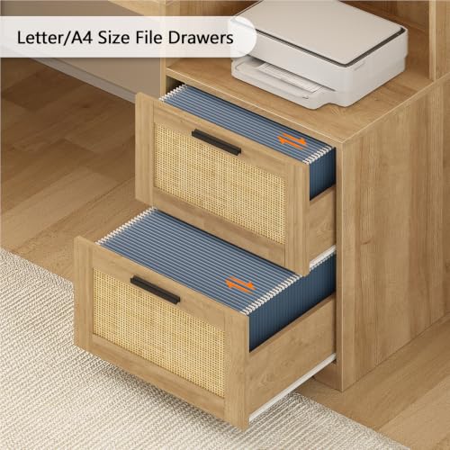 TVU Farmhouse L Shaped Desk with Drawers, 62.2" Home Office Desk with Storage Shelves and Power Outlet, L Shaped Computer Desk with Monitor Stand and Printer Shelf, Oak/Rattan - color: Oak/Rattan