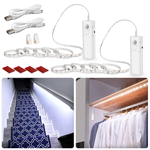 WOBANE Motion Sensor Stair Strip Lights,Rechargeable LED Closet Light,White | 2 X6.56ft Battery Powered Cordless LED Strip,60 LEDs Homelife Bar for Bed,Pantry,Counter,Night Light,Cabinet,6000K - color: White, size: 2*6.56ft White