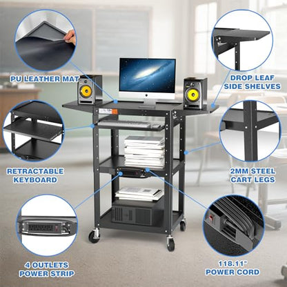 POCHAR Large Steel AV Cart with Power Strip & Drop Leaves - Height Adjustable Metal Media Cart with Wheels - Heavy Duty Rolling Computer Workstation for Laptop Projector Printer TV, Black (46" x 18") - style: AV Cart with Drop Leaves (AV-JM)