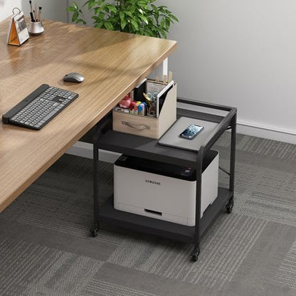 Fannova 2 Tier Under Desk Printer Stand with Storage, 20 Inches Deep Large Printer Table with Height Adjustable Shelf, Rolling Printer Cart with Wheels for Home Office - Black | Large Table Top 20"x20" for 3D/Laser Printer, Heavy Duty Industrial Wheels, R