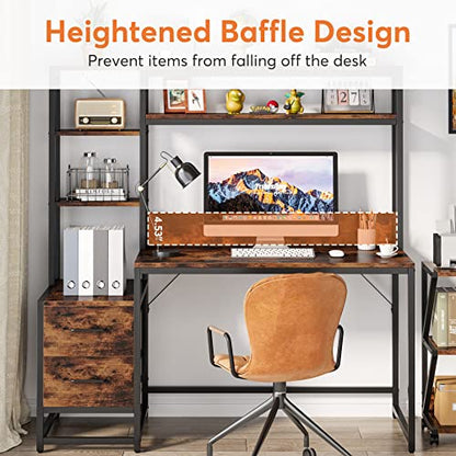 Tribesigns 55 Inch Computer Desk with 2 Drawers and Storage Shelves, Rustic Office Desk with Hutch, Study Writing Gaming Table Laptop Workstation for Home Office (Brown) - color: Brown