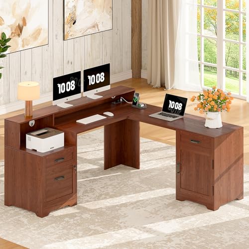 Whalefall 63'' Farmhouse L Shaped Desk with Monitor Stand Shelves, Brown | Corner Computer Desk with Drawers, Executive Home Office L Desk with File Cabinet Storage and Charging Station - color: Brown, size: 63''