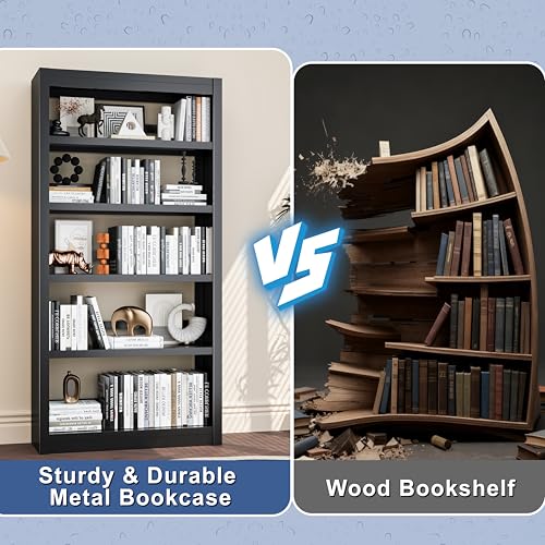 5-Tier Metal Bookshelf, 69″ Heavy-Duty Bookcase, Adjustable Sturdy Shelves - color: Black, size: 31.5"W