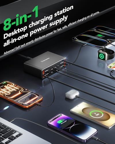 8-in-1 Retractable Charging Station for Multiple Devices, USB-C GaN Hub