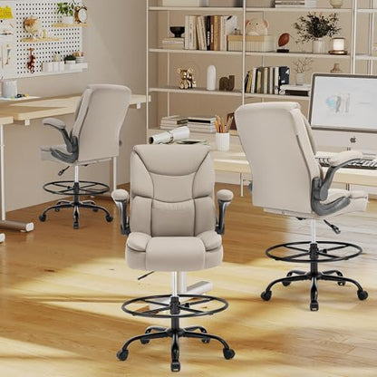 500LBS Drafting Chair, High Back Safer Standing Desk Chair, Executive Tall Office Chair with Flip-up Armrests, Upholstered PU Leather Task Chair, Ergonomic Seat with Adjustable Height&Foot Ring,Beige - color: Beige