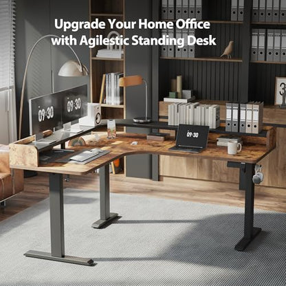 Agilestic L Shaped Standing Desk with Monitor Shelf, 63 Inch, Rustic Brown - color: Rustic Brown, size: 63 x 55 Inch with shelf