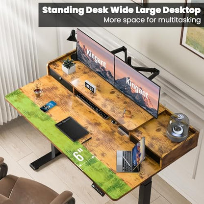 Kingant Standing Desk with Dual Drawers,Electric Height Adjustable 55"x 30" - color: Rustic Brown, size: 55" x 30"