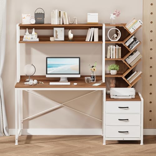 YOMILUVE 52" Computer Desk with Bookshelf, 3 Drawers ＆ Hutch for Bedroom | Office Desk with Printer Shelf, Study Writing Desk with Storage Shelves, Brown and White - color: Brown and White