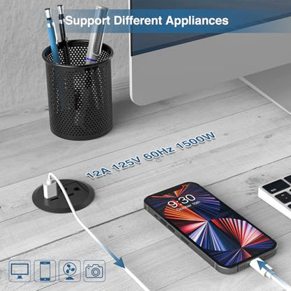Desktop Power Grommet, 2inch Desktop Power Grommet Outlet, Recessed Power Strip Outlet with 1 USB and 1 Type-C, 20W PD Fast Charge for Desk, Kitchen, Office, Home, Hotel and More