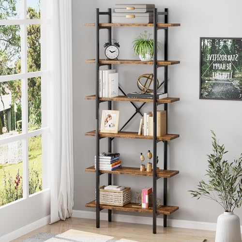 6 Tiers Bookshelf Organizer Industrial Tall Shelving, Modern Open Bookcase - color: Rustic Brown, size: 6-Tiers