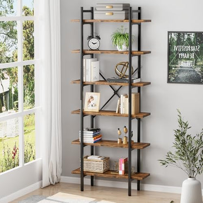 6 Tiers Bookshelf Organizer Industrial Tall Shelving, Modern Open Bookcase - color: Rustic Brown, size: 6-Tiers