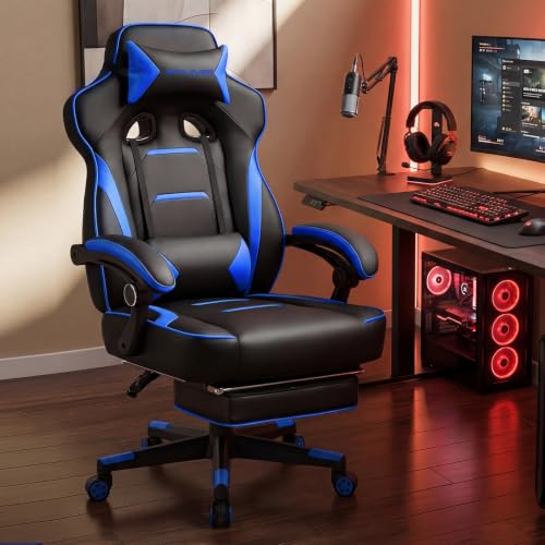 GTPLAYER Gaming Chair with Footrest, 350LBS Big and Tall Office Chair, Ergonomic High Back Lumbar Support and Recliner for Back Pain Relief, Blue - color: Blue
