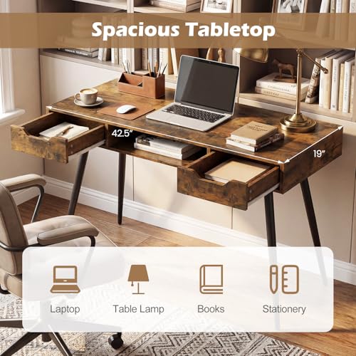 Tangkula Mid Century Modern Computer Desk | Writing Desk with 2 Drawers & Open Center Storage, Small Wooden Study Table for Home Office & Compact Spaces - color: Rustic Brown
