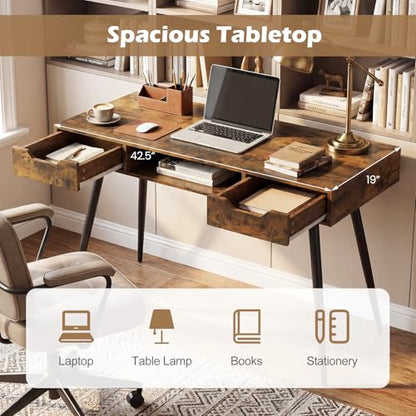 Tangkula Mid Century Modern Computer Desk | Writing Desk with 2 Drawers & Open Center Storage, Small Wooden Study Table for Home Office & Compact Spaces - color: Rustic Brown