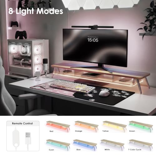 Fenge Dual Monitor Stand with 8-Mode LED Lights and Frosted Shelf, Oak | Sturdy Aluminum Legs, Built-In Phone & Tablet Slot, 2-Tier Storage, 42.5-Inch Desk Shelf for Gaming, Home Office & Streaming - color: Oak