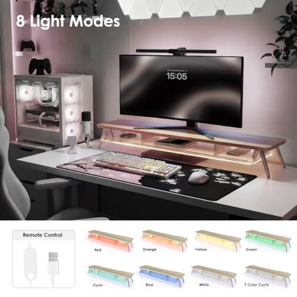 Fenge Dual Monitor Stand with 8-Mode LED Lights and Frosted Shelf, Oak | Sturdy Aluminum Legs, Built-In Phone & Tablet Slot, 2-Tier Storage, 42.5-Inch Desk Shelf for Gaming, Home Office & Streaming - color: Oak
