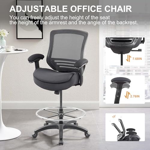 400lbs Office Drafting Chair Wide Dual Seat Cushion for High Standing Desk with Lumbar Support and Enlarged Adjustable Footrest-Black - color: Black