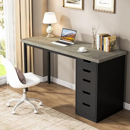 Tribesigns Computer Desk with 5 Drawers, 47 inches Rustic Brown Home Office Desk with Storage, Modern Simple Laptop Desk Study Writing Table for Small Spaces (1, Grey+Black) - color: Grey+black