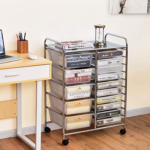 RELAX4LIFE 15-Drawer Rolling Storage Drawer Cart Organizer | 34.5"H Chrome Frame, Semi-Transparent Clear Drawers Rolling Wheels; School Office Home Salon Multipurpose Utility Storage - color: Clear, style: 15 Drawers-34.5"