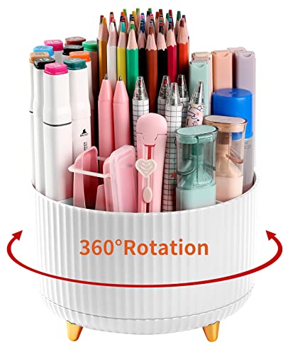 Desk Pencil Pen Holder, 5 Slots 360°Degree Rotating Pen Organizers for Desk, Desktop Storage Stationery Supplies Organizer, Cute Pencil Cup Pot for Office, School, Home, Art Supply, White - color: White