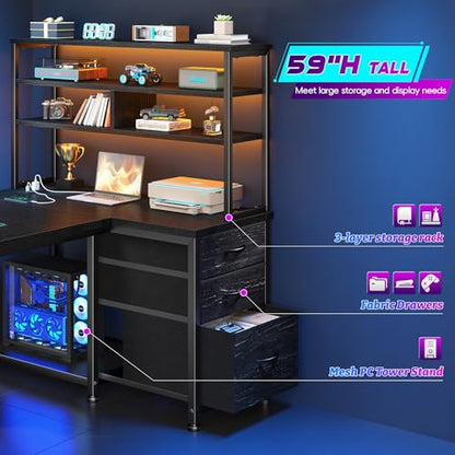 DurayLoly 55" L Shaped Gaming Desk with 3 Fabric Drawers & Shelves - color: Black, size: 18.9"D x 55.1"W x 59"H