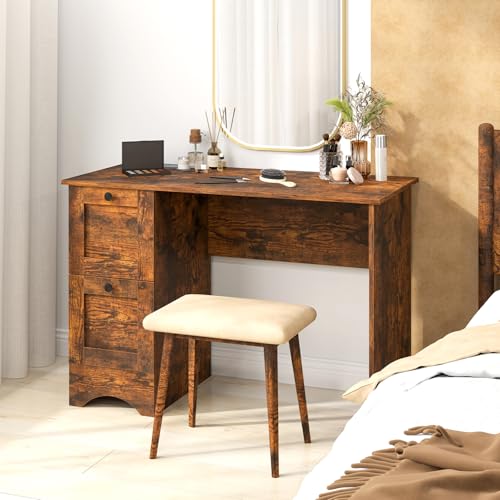 Giantex Computer Desk with 2 Drawers, 43” Wooden Home Office Desk with Charging Station, Compact Study Writing Desk, Modern Laptop PC Desk Workstation for Bedroom, Living Room (Rustic Brown) - color: Rustic Brown