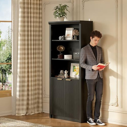 Modern Tall Book Shelf and Bookcase, 31.5"Wide Bookshelf with Doors, Farmhouse Book Case with Adjustable Top Shelf, Wood Storage Cabinet with 5 Tier Display Shelves for Home Office, Living Room, Black | Farmhouse Book Case with Storage, Wood Storage Cabin
