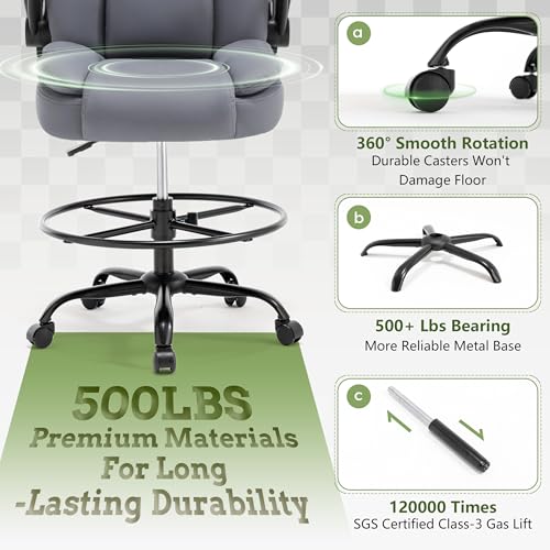 500LBS Drafting Chair, High Back Safer Standing Desk Chair, Executive Tall Office Chair with Flip-up Armrests, Upholstered PU Leather Task Chair, Ergonomic Seat with Adjustable Height&Foot Ring, Grey - color: Grey