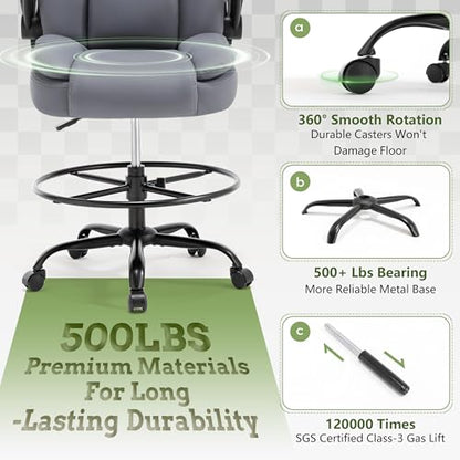 500LBS Drafting Chair, High Back Safer Standing Desk Chair, Executive Tall Office Chair with Flip-up Armrests, Upholstered PU Leather Task Chair, Ergonomic Seat with Adjustable Height&Foot Ring, Grey - color: Grey