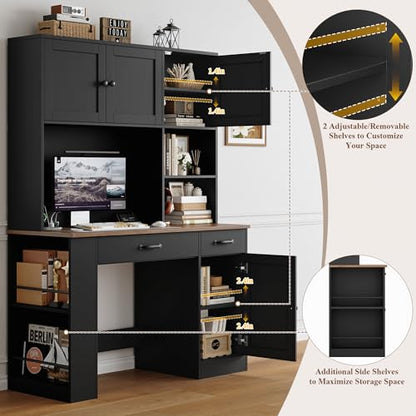 Keyluv 71" Tall Computer Desk with Hutch Cabinet, Home Office Desk with Storage Drawers Shelves and Side Rack, Wood Executive Desk with Doors, Outlet Station and Smart LED Lights, Black - color: Black
