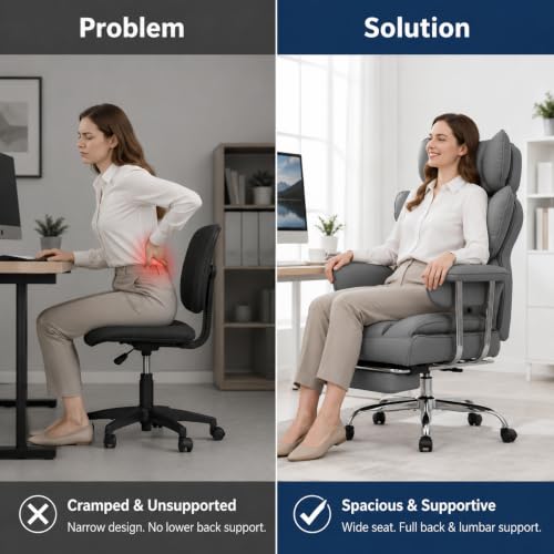Big and Tall Office Chair, Ergonomic Executive Desk Chair with Footrest and Lumbar Support, Heavy Duty PU Leather Reclining Computer Chair with Extra Wide Seat for Home Office, Grey - color: Grey