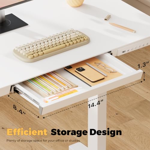 32" Electric Standing Desk with Drawer, Rolling Laptop Desk - color: White Wood-top, size: 32"