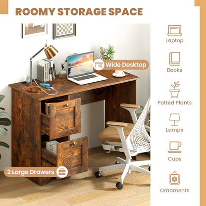 Giantex Computer Desk with 2 Drawers, 43” Wooden Home Office Desk with Charging Station, Compact Study Writing Desk, Modern Laptop PC Desk Workstation for Bedroom, Living Room (Rustic Brown) - color: Rustic Brown
