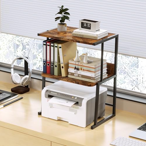 Homeiju 3-Tier Printer Stand for Desk, Desktop Printer Shelf, Heavy Duty Metal Frame Wood Shelf for Home Office Holds Up to 50lbs, Space-Saving Desk Organizer forfor Home Office, Rustic Brown