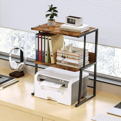 Homeiju 3-Tier Printer Stand for Desk, Desktop Printer Shelf, Heavy Duty Metal Frame Wood Shelf for Home Office Holds Up to 50lbs, Space-Saving Desk Organizer forfor Home Office, Rustic Brown