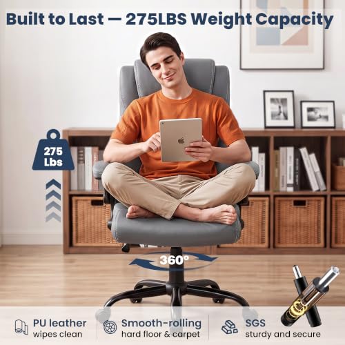 Ergonomic Office Chair, High Back Leather Executive Desk Chair - color: Grey