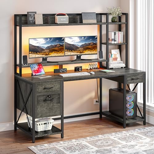DWVO 59.1" Computer Desk with Hutch, Drawers, Power Outlets & LED, Grey - color: Grey