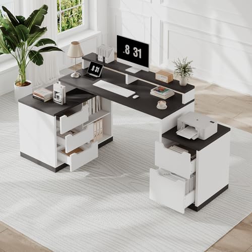 MaverickFurni L Shaped Desk with Drawers and Shelves, Home Office Desk with File Drawer for Work Writing Study, Corner Desk with Monitor Stand and Printer Shelf, White and Black