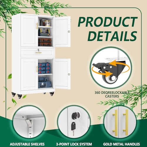 winiowa 71" Tall Metal Garage Storage Cabinet with Wheels and Locking Doors, Locking Rolling Tool Cabinet with Drawer and 3 Adjustable Shelves for Garage,Home,Office (White) - color: White-drawer