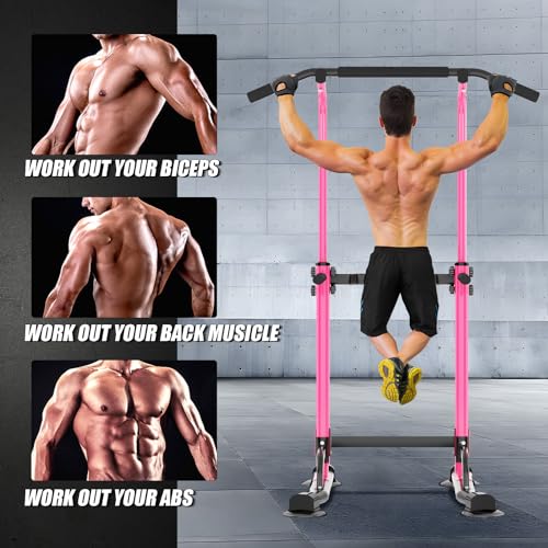 soges Power Tower Pull Up Bar Station, Free Standing Pull Up Rack Dip Station for Home Gym, Height Adjustable Home Strength Training Fitness Workout Equipment - color: Pink