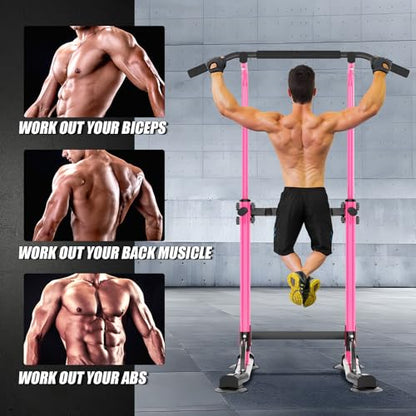 soges Power Tower Pull Up Bar Station, Free Standing Pull Up Rack Dip Station for Home Gym, Height Adjustable Home Strength Training Fitness Workout Equipment - color: Pink