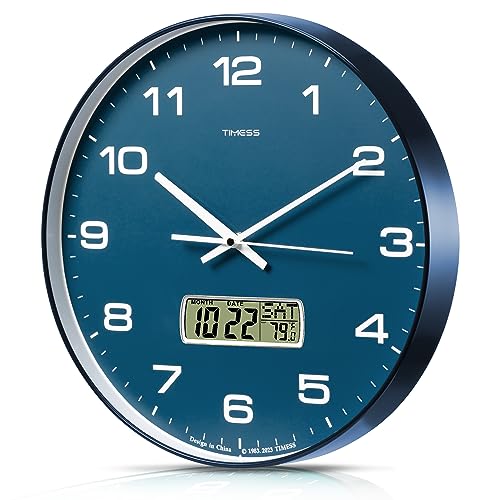Wall Clock, 14" Large Dial Non-Ticking Silent Battery Operated Analog with LCD Display for Perpetual Calendar and F° Temperature, Ideal Modern Home, Bedroom, Kitchen, Office Decor (Blue) | Perpetual calendar, Fahrenheit temperature, easy-to-read analog di