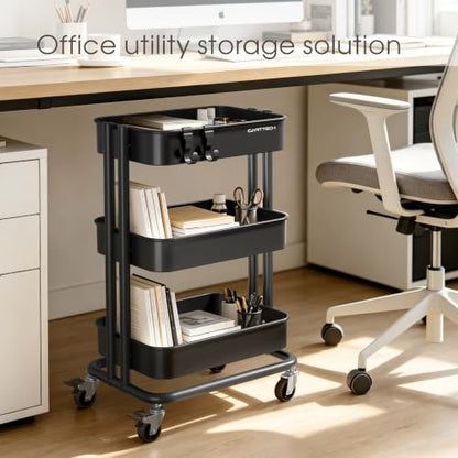3 Tier Rolling Cart Metal Utility Cart with Lockable Wheels Home Office - color: Black, size: Small