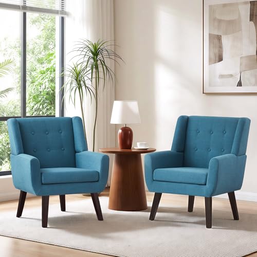 HUIMO Living Room Chairs Set of 2,Upholstered Button Linen Accent Chair | Mid Century Fabric Modern Armchair,Comfy Arm Club Sofa Chairs for Living Room Reading Bedroom,Waiting Room Lake Blue2PCS - color: Lake Blue