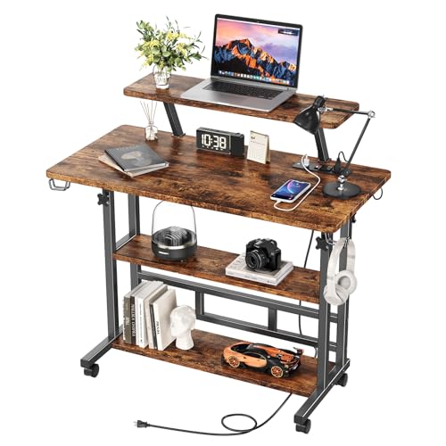 Adjustable Height Standing Desk with Power Outlets, Rolling Stand Up Desk with Monitor Stand and Storage Shelves, 31.5" Small Mobile Computer Desk, Portable Laptop Table (Retro Brown) - color: Retro Brown, size: 31.5" With Monitor Stand