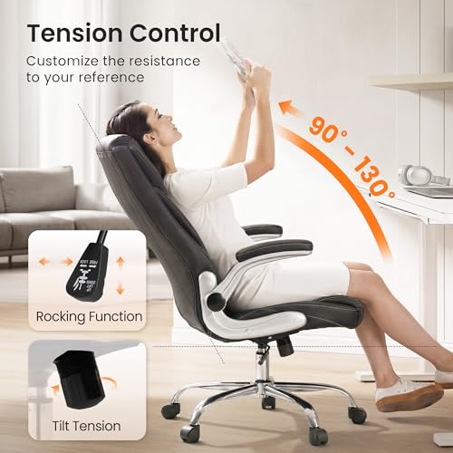 NEO CHAIR Ergonomic Office Chair, Executive Leather Chair, Lumbar Support | Executive Desk Chair with High Back, Flip-Up Arms and Wide Seat, Comfortable Gaming Chair for Home Office, Black - color: Black
