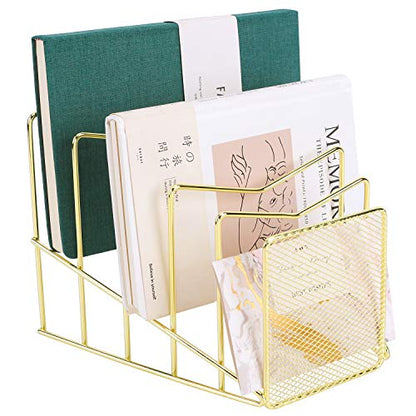 Incline File Sorter, Wire Magazine Holder Rack for Mails, Folders and Books, Desk Paper Storage Organizer for Home and Office, 5 Sections, Gold